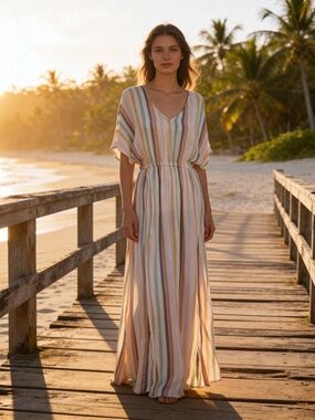 NWT America & Beyond Women Colorful Striped Maxi Swim Coverup Medium Resortwear